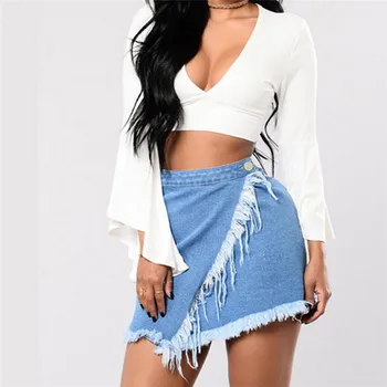 

Casual High Waist Denim tassels Skirt Blue Light Wash Women Distressed Mini Pencil Skirt 2018 Sexy Ripped Summer Skirt