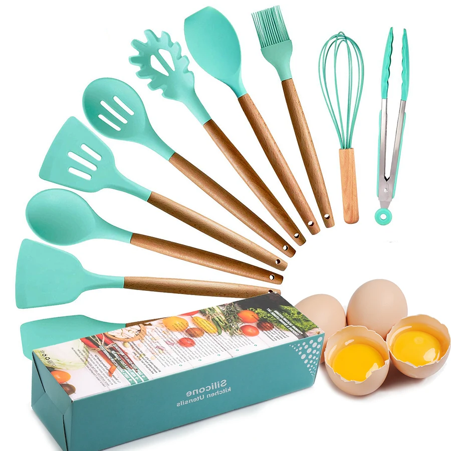 Leeseph 11 piece silicone cooking utensil set with natural acacia hard wood handle, cuisine outils accessoires