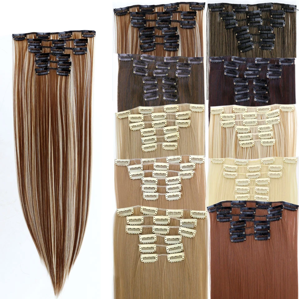 

WTB 24" Long Straight 16 Clip In Hair Extensions for Women Clip Hair Heat Resistant Synthetic False Hairpieces 6 pcs/set
