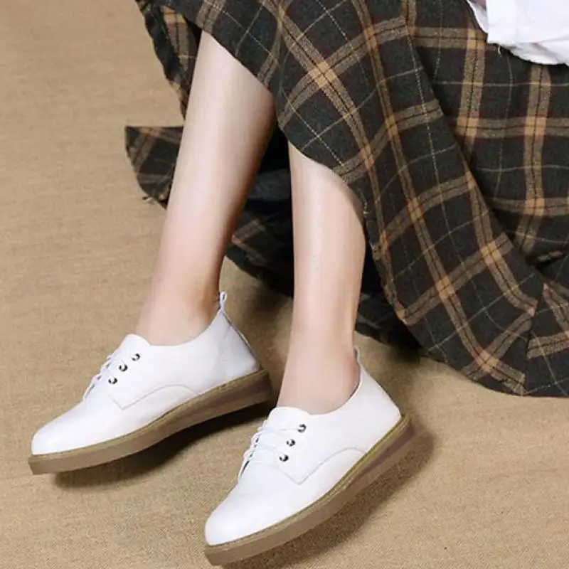 

Women Leather Flats White Casual Low Heels Shoes Spring 2019 Lace Up Flats Women Handmade Genuine Leather Women Flats Soft