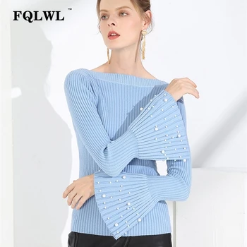 

FQLWL Pearl Beading Sweater Women Tops Fashion Flare Sleeve O-Neck Knitted Pullover Female Winter Autumn Sweaters Casual Jumper