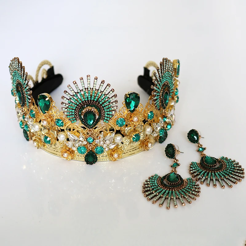 Роскошные диадемы с золотым металлическим цветком и красными кристаллами, винтажные зеленые стразы, корона в стиле барокко, подвеска, королевские свадебные аксессуары для волос