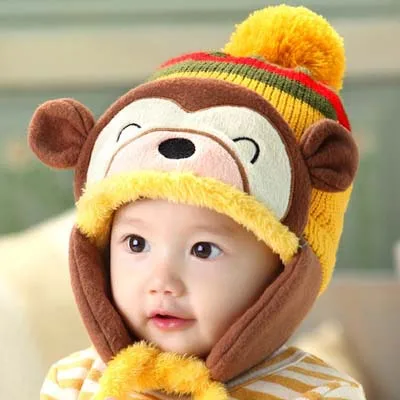 Monkey Baby Hat Cotton Infant Caps Warm Ear Boys Beanies Thick Winter Girl  Autumn Toddler With Pompom Accessories Newborn 3-48M