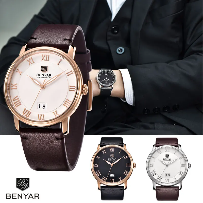 

BENYAR Fashion Brand Trend Men's Watch Gold And Silver Case Men's Sports Watch Waterproof Leather Quartz Clock Relogio Masculino