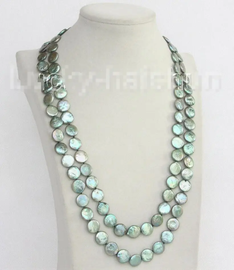 

FREE SHIPPING>>>@@ > Hot sale new Style >>>>>length 48" 12mm coin fastener green freshwater pearls necklace j10387