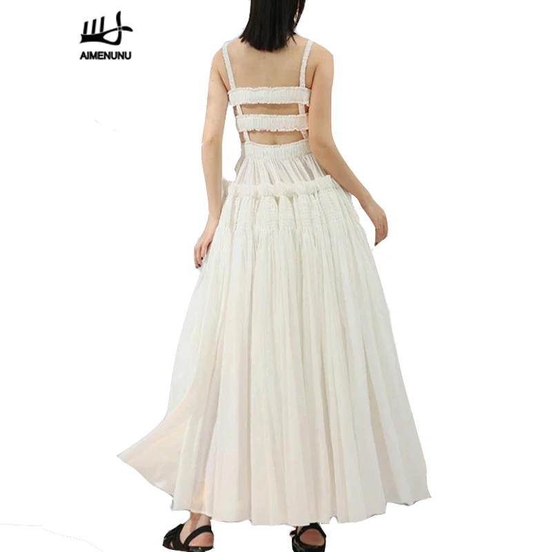 

AIMENUNU Backless Maxi Dress Female Hollow Out High Waist Ruffles Patchwork Draped Spaghetti Strap Party Dresses 2019 Summer