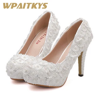 

Exquisite White Wedding Shoes High-heeled Shoes Woman Fashion Women Shoes Shallow Mouth Shallow Mouth Pearl Flower Lace