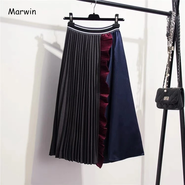 

Marwin Winter New-Coming Retro Ruffles Splice Contrast Color European Women Skirts High Street Style Mid-Calf Soft For Christmas