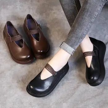 

2019 New Spring Thick Sole Women Shoes wedge heels artistic retro comfortable hand-made Genuine Leather Flat platform shoes