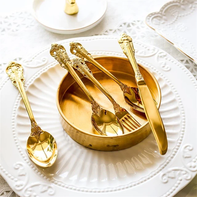 Juego de cena de oro de lujo, vajilla de boda Vintage dorada, vajilla de  plata, juego de cubiertos de viaje de acero inoxidable, envío directo -  AliExpress