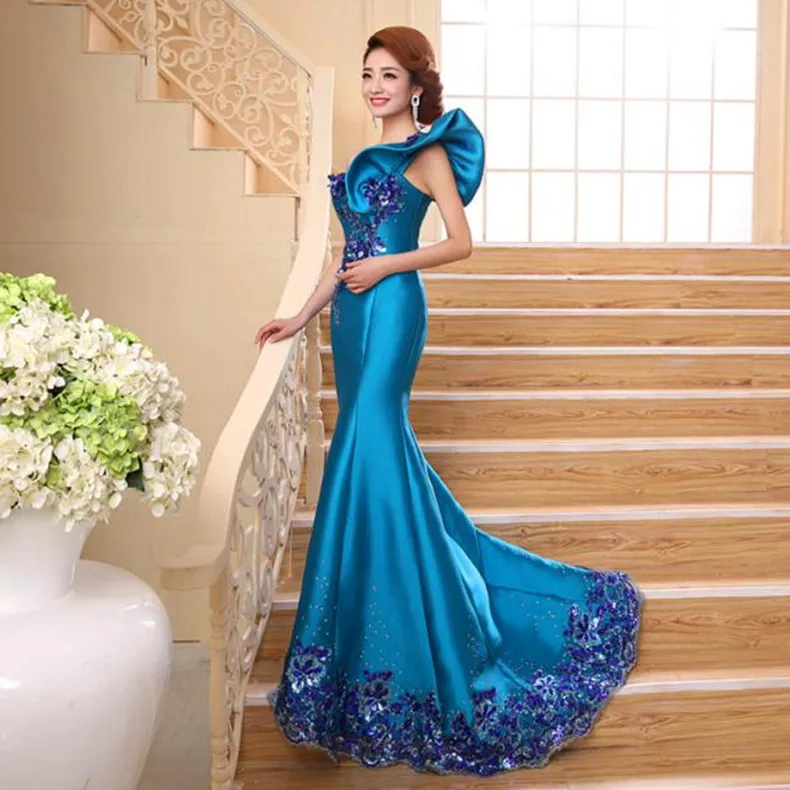 Robe de soiree elegant Blue one shoulder princess mermaid evening dress lace formal vestido de festa prom dresses party dresses