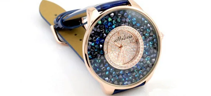 Melissa Для женщин ювелирный бренд часы Роскошная Полные Кристаллы часы Звездная ночь звезды наручные часы кварцевые большой кожаный Montre