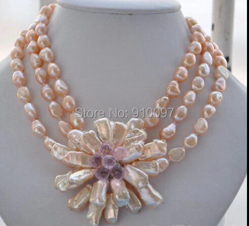 

LHX54013>> 3row 16" pink baroque pearl biwa crystal flower pendant necklace