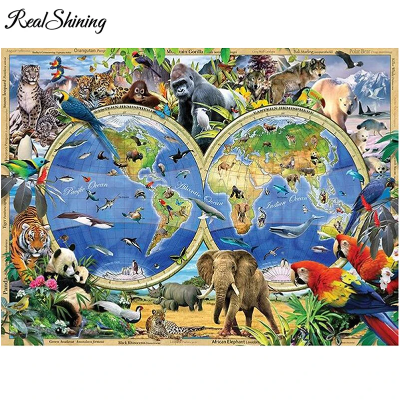 

REALSHINING DIY 5D Diamond Mosaic Diamond Painting Cross Stitch Animals World Map Diamonds Embroidery Square Home Decor FS1005