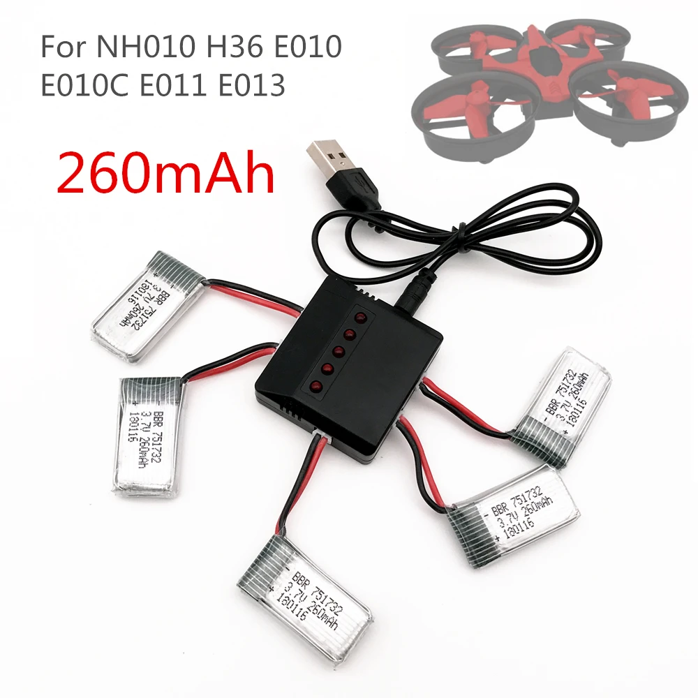 

5Pcs 3.7V 260mAh 2.0 Connect Lipo Battery and Charger X5 For Eachine E010 E011 E012 E013 F36 H36 Quadcopter Mini