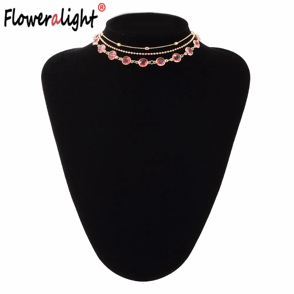 High Quality Pink Rhinestone Multilayer Chain Choker Necklaces for Women Wedding Party Maxi