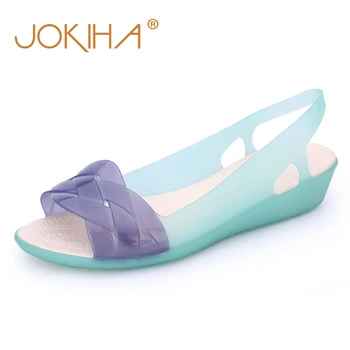 

2019 Rainbow Jelly Shoes Women Wedges Sandalias Woman Sandals Summer Candy Color Peep Toe Bohemia Beach Sweet Slipper Shoes Girl