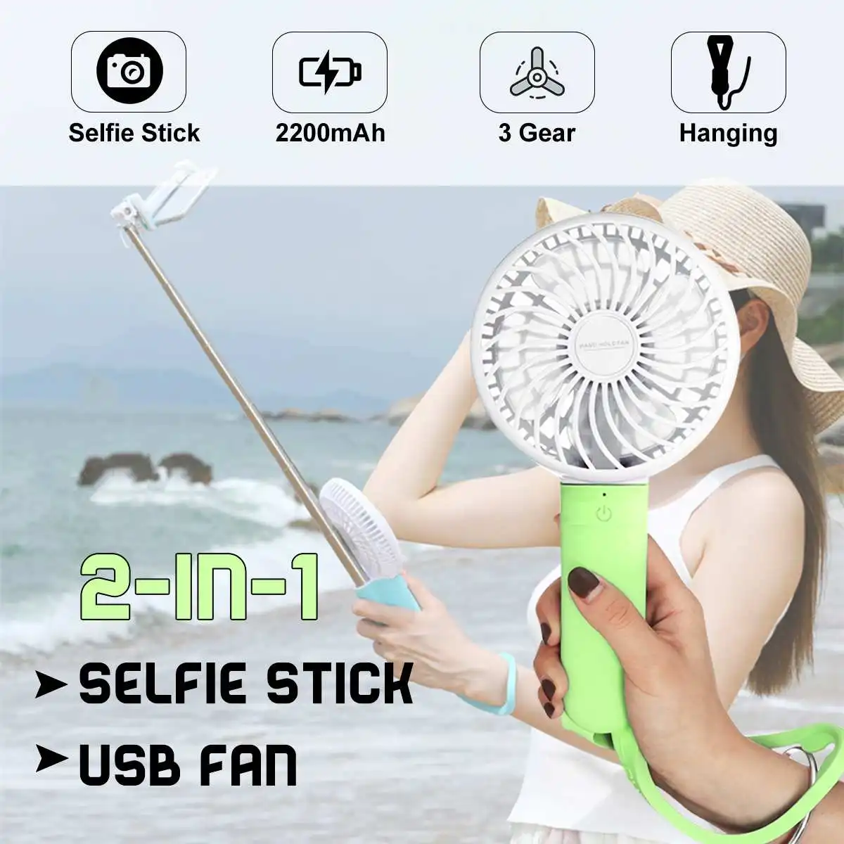 

USB Handheld Mini Fan Selfie Stick Multifunction 2 in 1 Portable Outdoor 2200mAh Rechargeable Small Cooling Fan 3 Speed Wind
