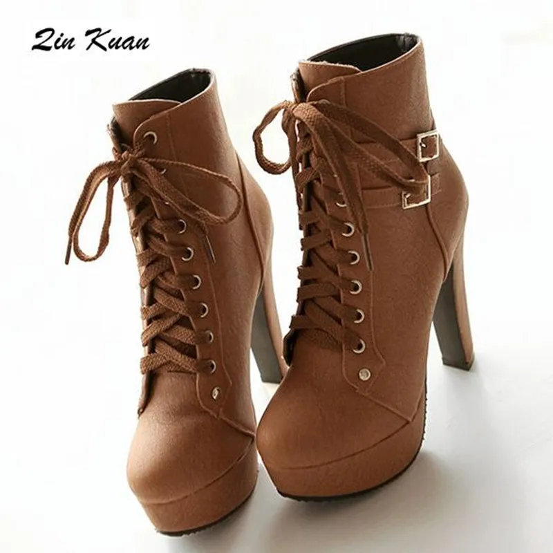 

Women Shoes Plus Size 34-43 Fashion Belt Buckle Round Toe Lace Up Martin Boots Thick Heel Winter British Ladies Shoes QKH0025B