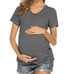 Женская пижама для беременных Топ Одежда для беременных топы с круглым вырезом и короткими рукавами в полоску Одежда для грудного