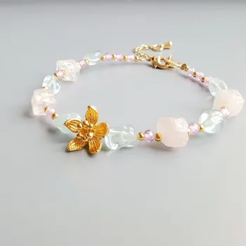 

Lii Ji Real Aquamarine Rose Quartz Pink Zircon Natural Stone Bracelet Flower Charm Delicate Jewelry For Child or Women