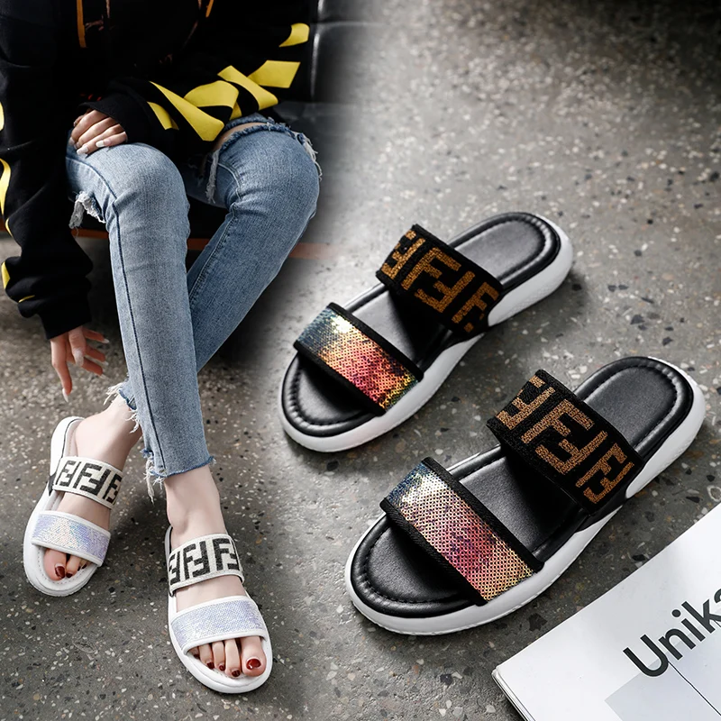 

2019 Summer Women Slippers Flat Sandals Shoes Beach Shoes Flip Flops Women Leather Slides Gladiator Ladies Mules