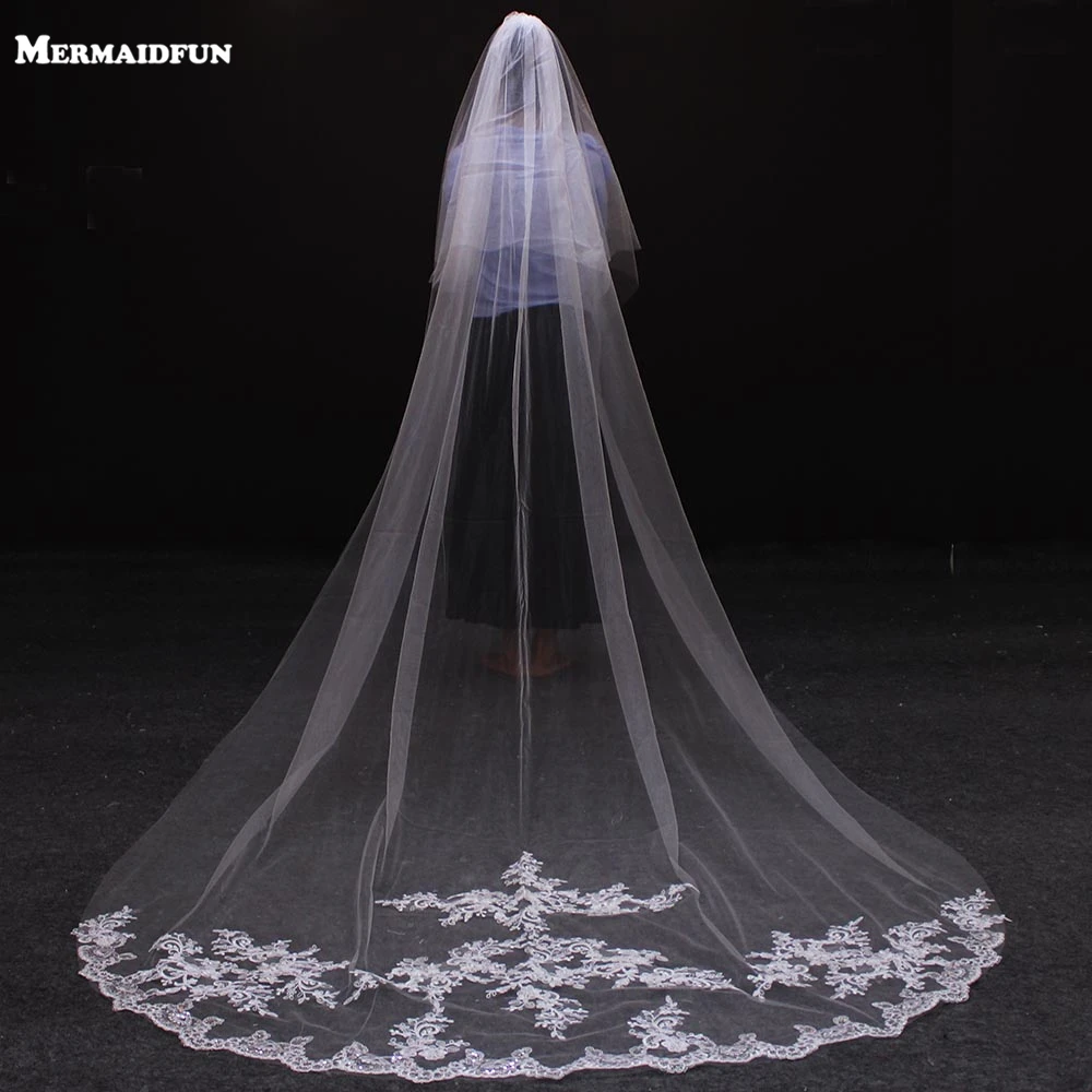 

White/Ivory Applique Tulle 3 Meters Long Bridal Head Veils With Comb Wedding Veil Accessories Lace Bridal Veil veu de noiva