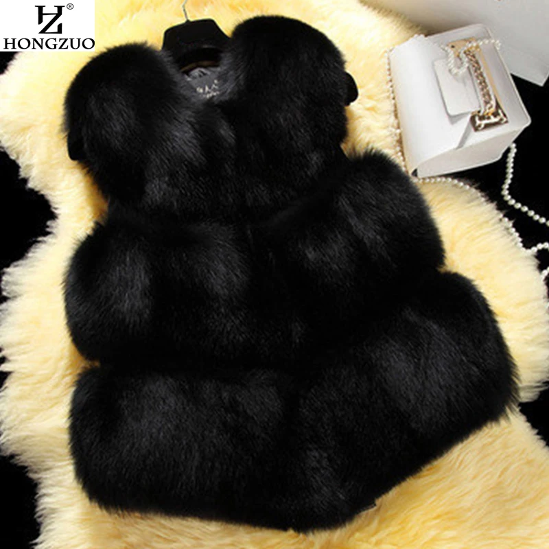 

[HONGZUO] High Imitation Faux Fur Vest Coat Black Winter Women Warm Thick Jacket Short Pattern Solid Outwear Fake Fur Vest PC038