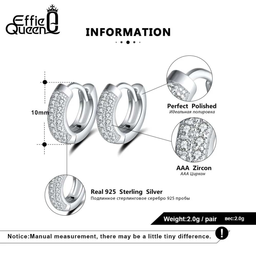 Effie queen 925 пробы серебряные винтажные женские серьги с прозрачным цирконием 10 мм маленькие серьги-кольца женские ювелирные изделия трендовые BE103