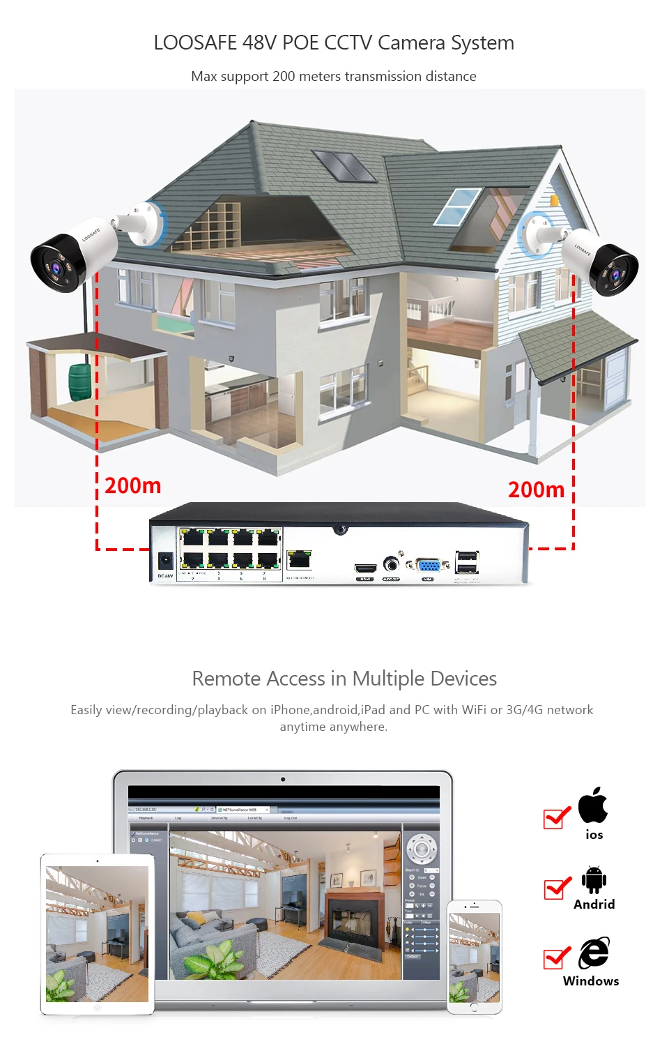 LOOSAFE H.265X 8CH наружная камера POE 1080P домашняя камера система безопасности P2P HD инфракрасная Водонепроницаемая камера день и ночь цветная