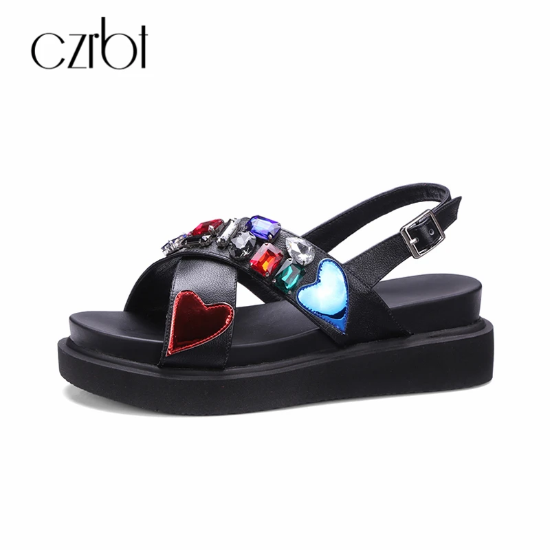 

CZRBT Summer 2018 New Women's Casual Sandals Heel 5.5cm Handmade Crystal Genuine Leather Buckle Strap Flat Platform For Walking