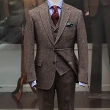Последние конструкции пальто брюки коричневый твид жениха смокинги 3 шт. осень зима мужские костюмы для свадебного ужина Жениха Лучший мужской костюм terno