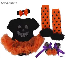 Одежда на Хэллоуин для маленьких девочек 0-24 м, комплект одежды для младенцев, кружевной комбинезон, платье, гетры, повязка на голову, 4 шт., Одежда для новорожденных девочек