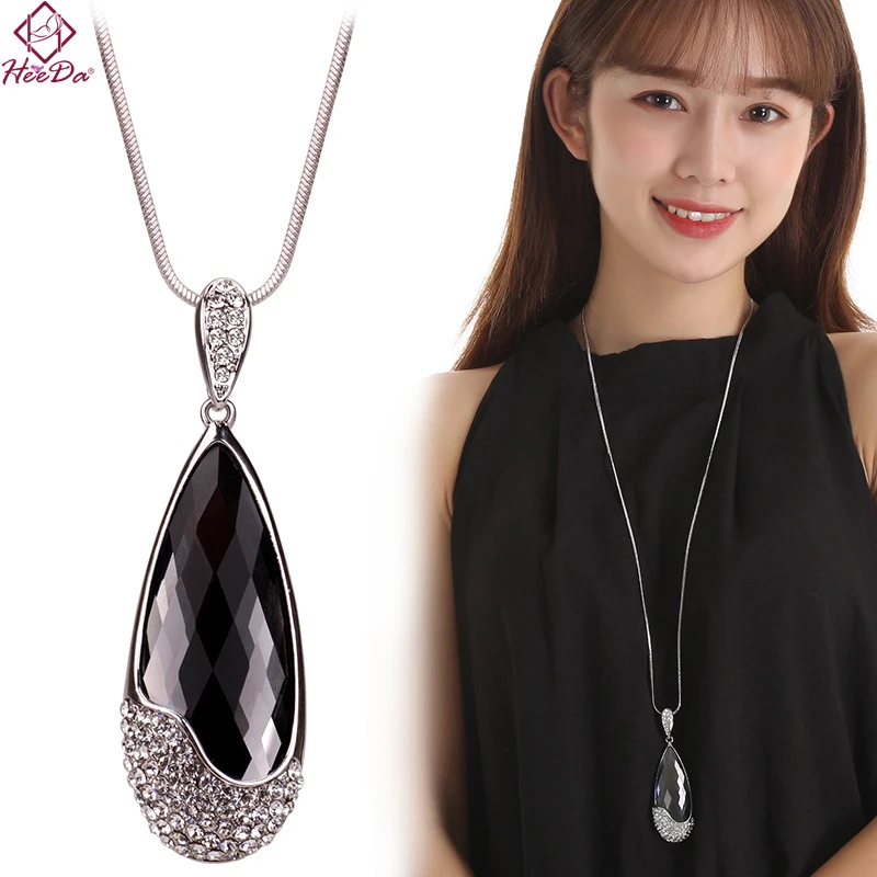 

Heeda Japan Korean Graceful Joker Big Crystal Pendant Necklace Kpop Simple Snake Sweater Chain Women Autumn Winter Neck Jewelry