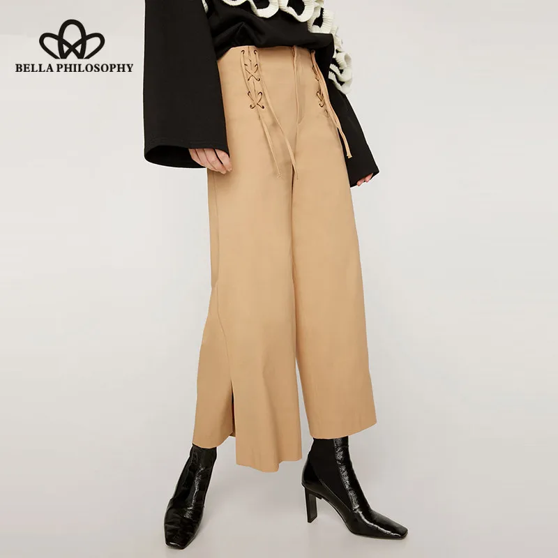 Wonder 2019 New High Waist Drawstring Long Pants Vintage Pockets Female Loose Wide Leg Pants Casual Zipper Lady Split Pants