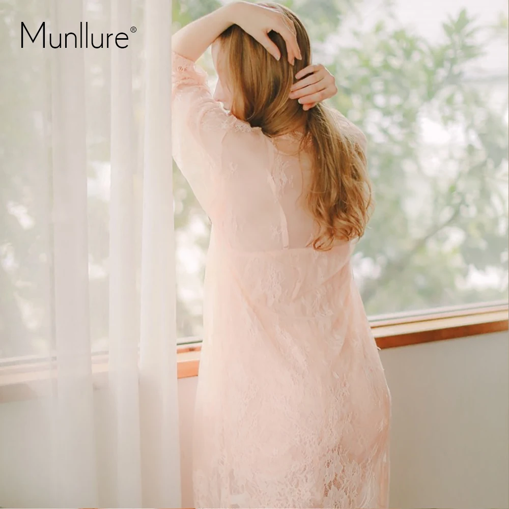 Munllur ультра-тонкий прозрачный костюм из трех частей кружевная шелковая ночная рубашка Женская мода искушение кружева сексуальная condole ночная рубашка