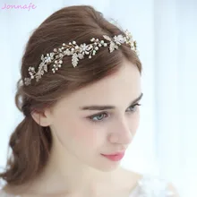 Jonnafe 2018 Crystal Flower Wedding Headband Tiara Gold Leaf Women Headpiece Pearls Jewelry Bridal Hair Accessories