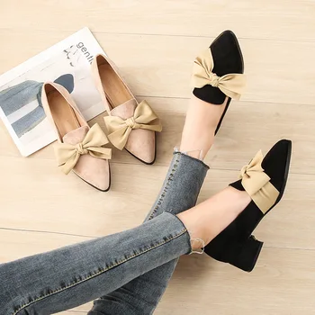 

2019 autumn new fashion simple color matching bow decorative high heels women square heel suede casual shoes