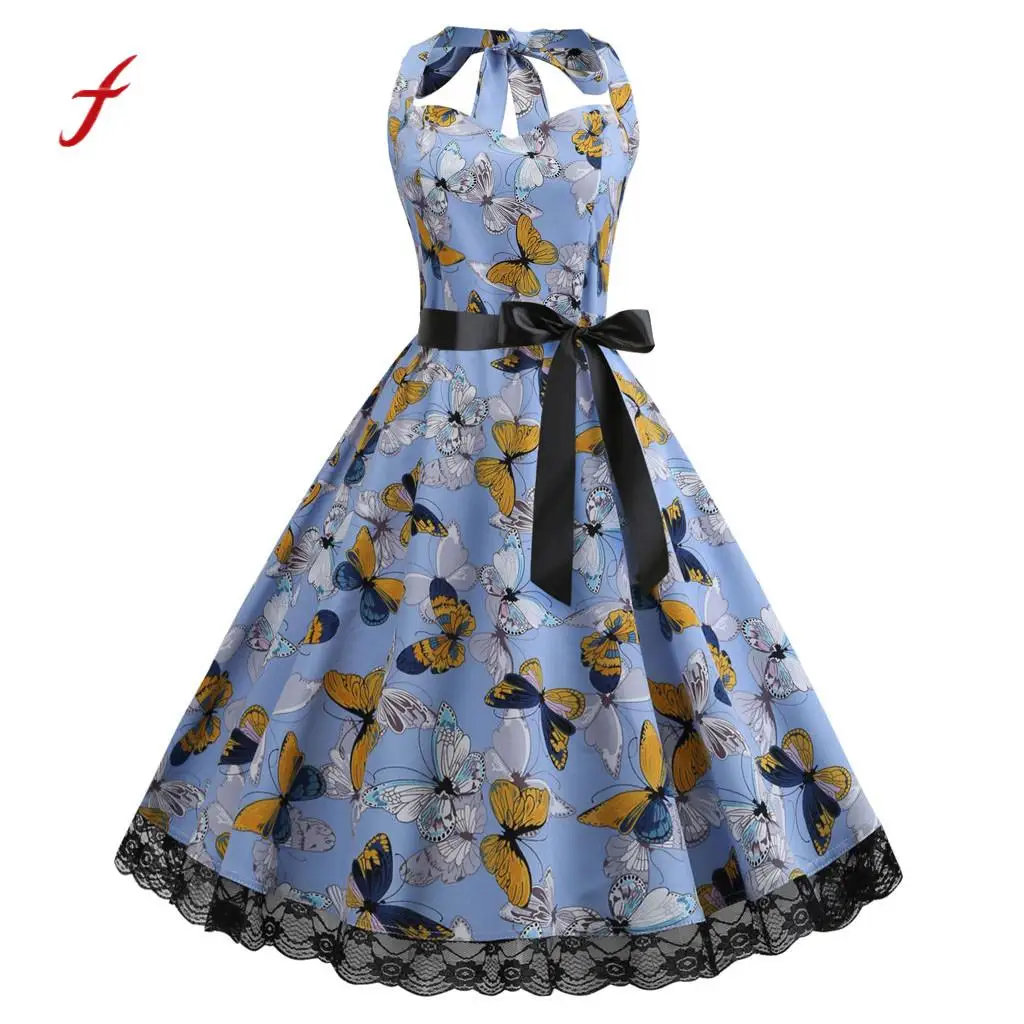 

Feitong Women'S Dresses's Vintage Sleeveless Halter Print Lace Evening Party Prom Swing Dress Decoration Dresses Summer 2018
