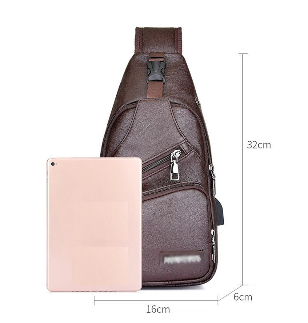 Men's PU Shoulder Sling Chest Pack USB Charging Sports Fashion Anti Theft Chest USB Charging School Short Trip Messengers Bags