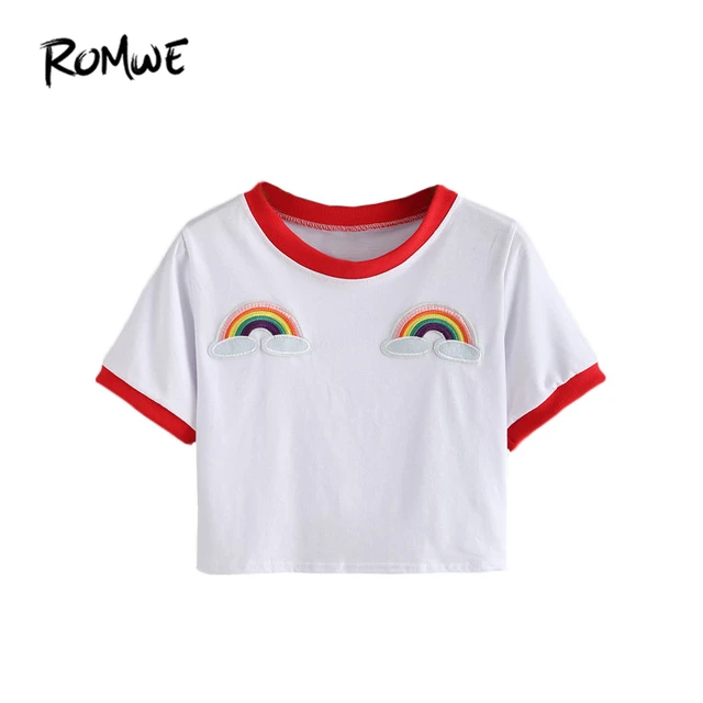 ROMWE Contrast Trimmed Rainbow Patch Crop Tees Summer Women T shirts 2016 Fashion Round Neck Short Sleeve White Casual T-Shirt