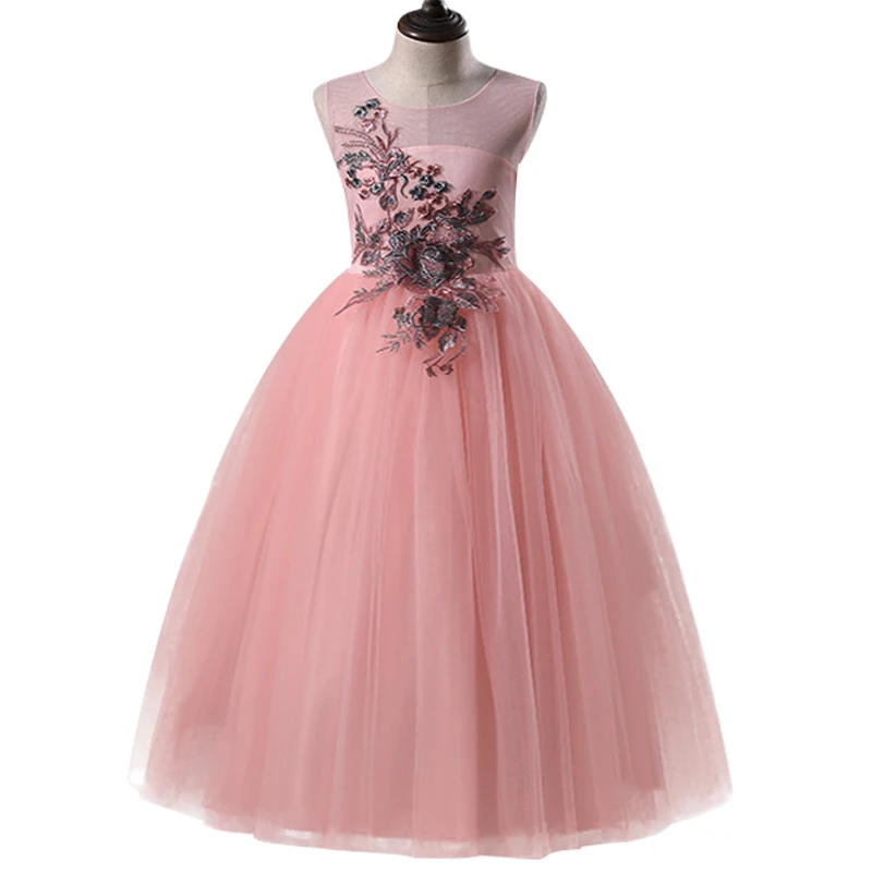 

Summer girl princess long dress 2018 new flower girl wedding embroidery flower paste sweet dress Host performance costume tutu