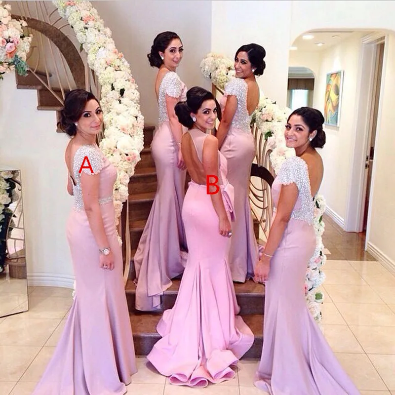 2015 Plus Size Beaded Pink Satin Bridesmaid Dresses Cap Sleeve Vestido
