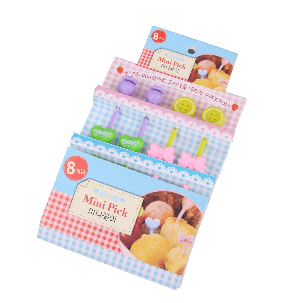 

8Pcs/set Cute Candy Color Serie Button Bow Lunch Decoration Mini Fruit Fork For Children Decorative KitchenTool