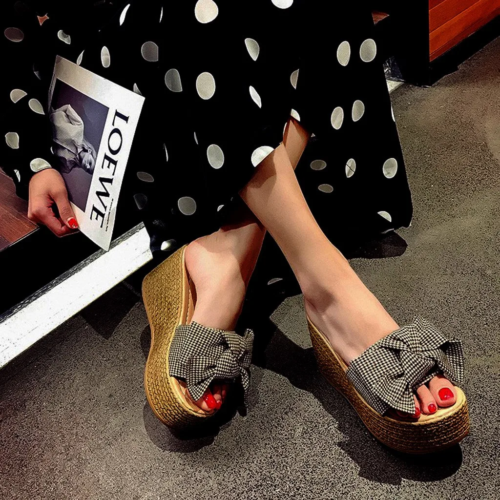 

Women Platform Summer Thick Bottom Ladies Sandals Bow Knot Plaid Peep Toe Non-Slip Seaside Lazy Half Slippers chaussures femme