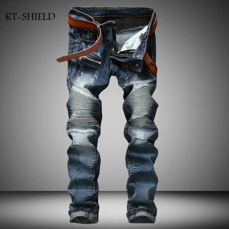 European Famous Brand Jeans Men Casual Fold Holes Denim Biker Slim Stretch Pant Slim Fit Motorcycle