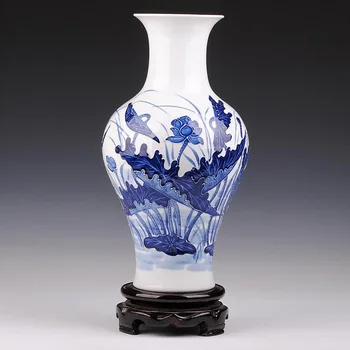 

Blue and White Porcelain Chinese Elegant Tabletop Vase with Embossed Lotus Pool Painting and Mermaid-shape Bottom ZDV-M002YW