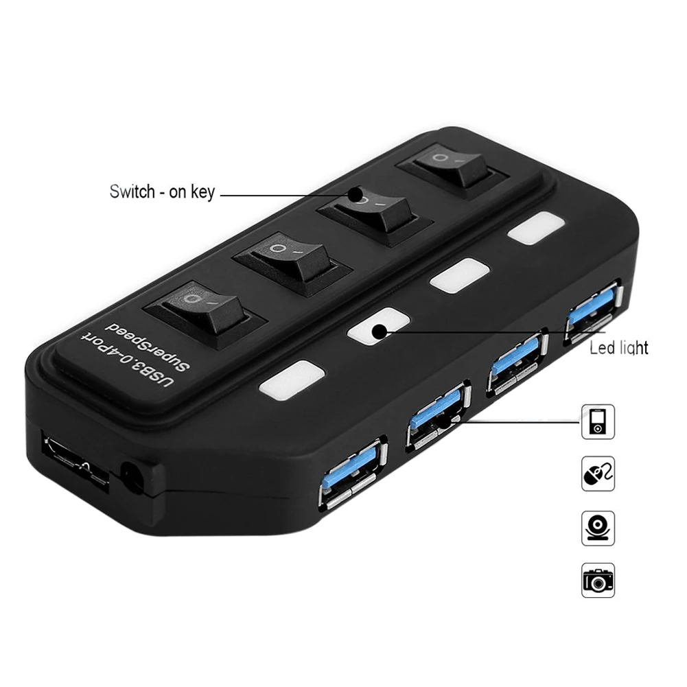 IG-USB 3,0 концентратор, 4-Порты и разъёмы супер Скорость приведенный в действие usb-хаб разветвитель с независимым переключатель светодиодный светильник для ноутбуков, ультрабуков и столом