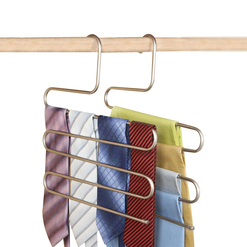 FHEAL 5 Tier Stainless Steel S Type Pants Hangers Multifunction Trouser Tie Scarfs Belt Towel Non-slip Magic Hanger Storage Rack (23)