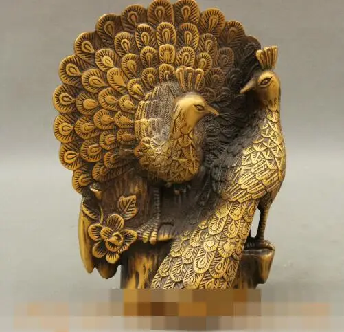 

S06245 8" Folk Chinese Bronze Lucky Beautiful Birds 2 Peacock Love Family Statue Pair